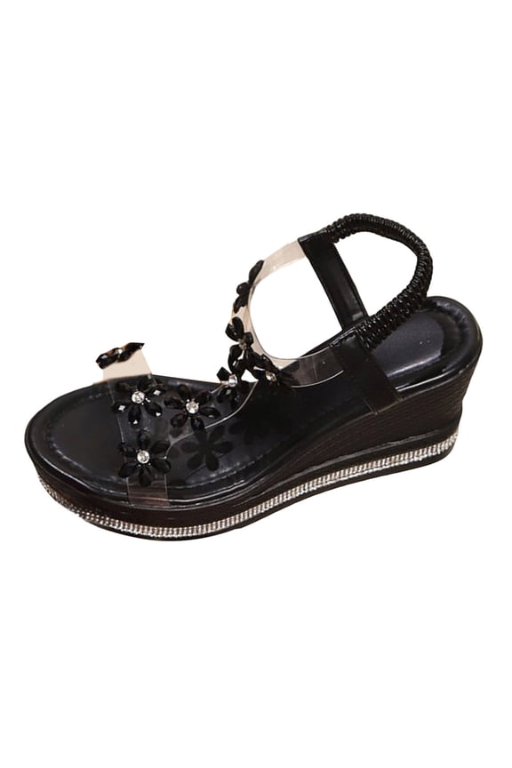 Rhinestone Wedge Sandals for Women Flowers Slip on Dress Slide Shoes Platform High Top Wedges Sandal for Ladies Travel Side 9.5 Black