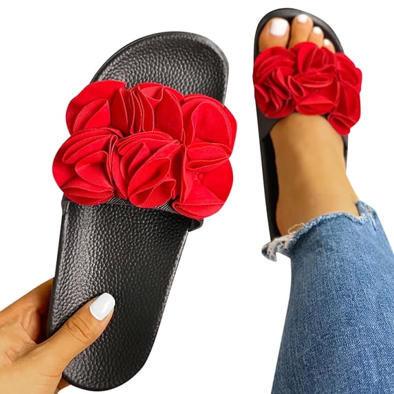 Modisza Slide Sandals for Women Dressy Summer Flower Slip on Arch Support Shoes Non Slip Indoor Outdoor Platform Beach Slippers Red 8