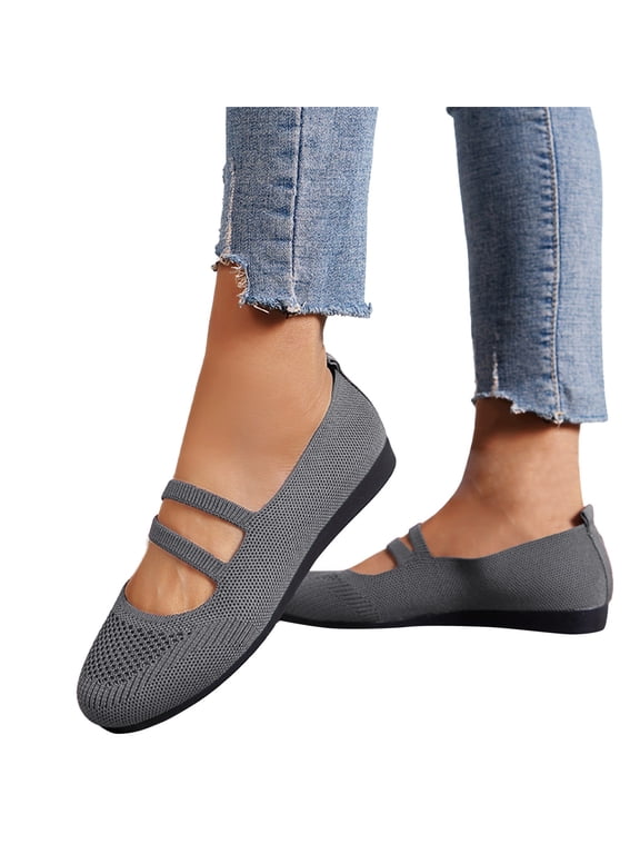 Slip on Falt Shoes for Women Comfortable Walking Mary Jane Shoe Ladies Casual Work Dressy Sandals with Elastic Strap Grey Size 9.5