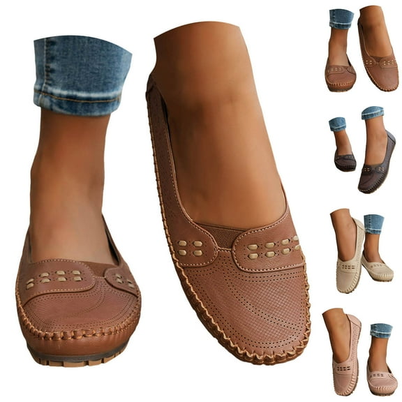 Modisza Slip on Flats Shoes for Women Square Toe Leather Casual Loafers Breathable Dressy Work Walking Driving Shoes Beige 7