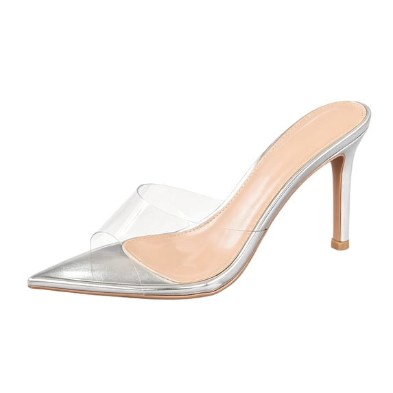 Modisza Slip on Stiletto Heels for Women Open Pointed Toe Dressy Sandals Ladies Summer Vacation Sandal Party Dressy Slides Silver Size 7