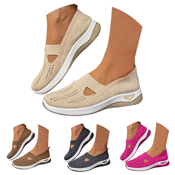 Modisza Slip on Walking Shoes for Women Breathable Summer Workout Sneakers Elderly Comfortable Low Wedge Hiking Shoe Beige Size 6