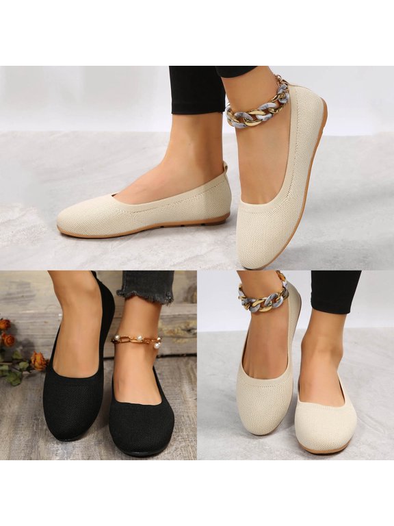 Slip on Walking Shoes for Women Summer Dressy Falt Sandals 2026 Ladies Round Toe Casual Work Shoe Knitted Upper Sandal Beige Size 7.5