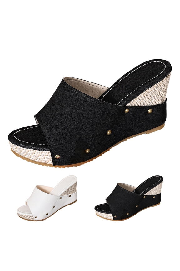 Slip on Wedge Sandals for Women Open Toe Espadrilles High Top Platform Wedges Slides Ladies Arch Support Shoes Size 6.5 Black