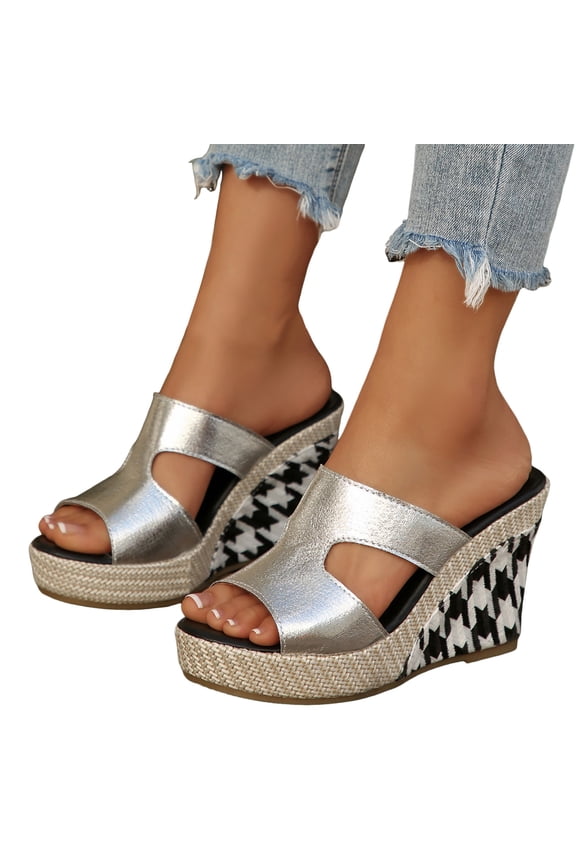 Slip on Wedge Slides for Women Wide Width Open Toe High Top Sandals Summer Beach Sparkly Dress Shoes for Outdoor Size 8.5 Silver