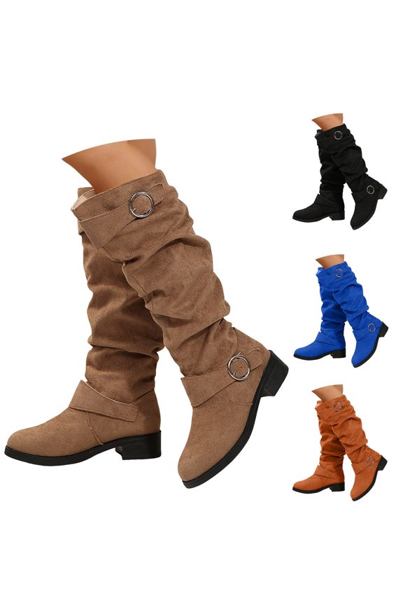 Slouchy Suede Knee High Boots for Women Double Ring Buckles Straps Block Heel Boot Ladies Fall Party Riding Boot Size 6-9.5
