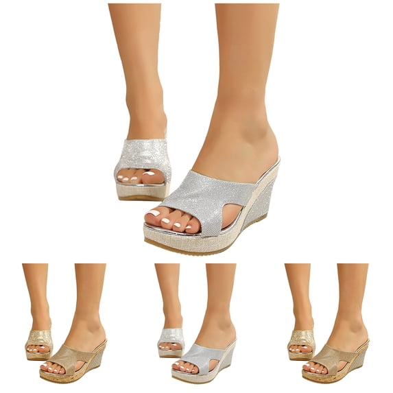 Modisza Sparkly Wedge Sandals for Women Platform Slip on Dress Slide Shoes Open Toe High Top Outdoor Wedges Sandal Size 6 Gold