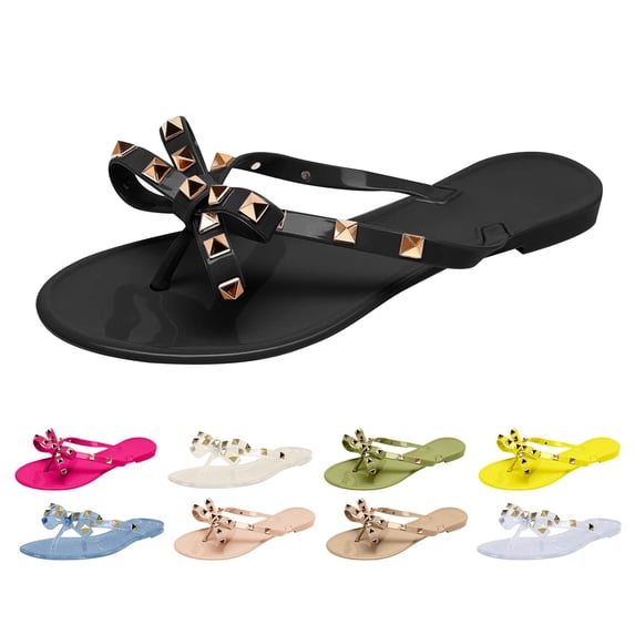Modisza Womens Bow Flip Flops Cute Jellies Sandals Flat Summer Beach Thong with Rivets Ladies Slip on Vacation Slide Shoes Size 6 Black