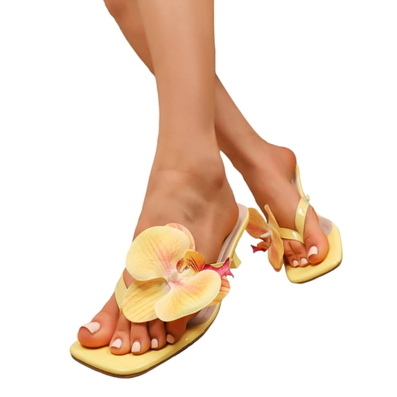 Modisza Summer Low Heel Sandals for Women 3D Flower Square Open Toe Slides Dressy Summer Beach Flip Flops Vacation Heels 2026 Size 6.5 Yellow