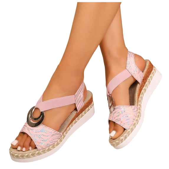 Modisza Summer Sandals for Women Open Toe Low Wedge Dressy Shoes Sparkly Elastic Ankle Strap Travel Sandal for Vacation size 7 Pink