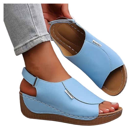 Modisza Summer Wedge Sandals for Women Ankle Strap Orthopedic Arch Support Shoes Comfortable Walking Rubber Sole Slides Size 6.5 Blue