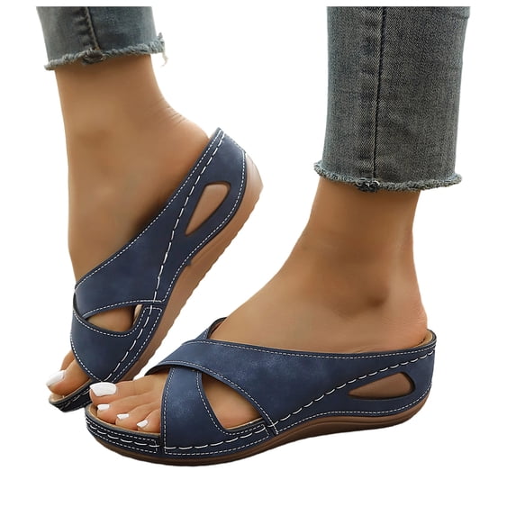 Modisza Summer Wedge Slides for Women Open Toe Orthopedic Slip on Sandals Crooss Strap Outdoor Indoor Walking Falt Shoes size 8 Blue