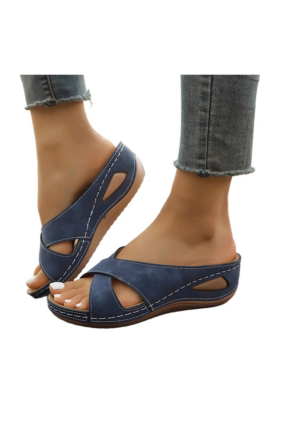 Summer Wedge Slides for Women Open Toe Orthopedic Slip on Sandals Crooss Strap Outdoor Indoor Walking Falt Shoes size 8 Blue