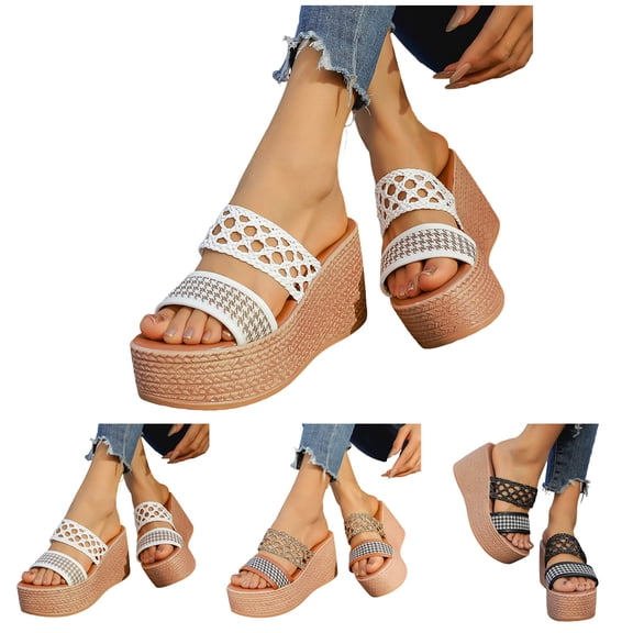 Modisza Tow Strap Chunky Platform Slides for Women Hollow Out Woven Beach Sandals Ladies Wedge Heel Outdoor Dress Shoes Size 8 Black
