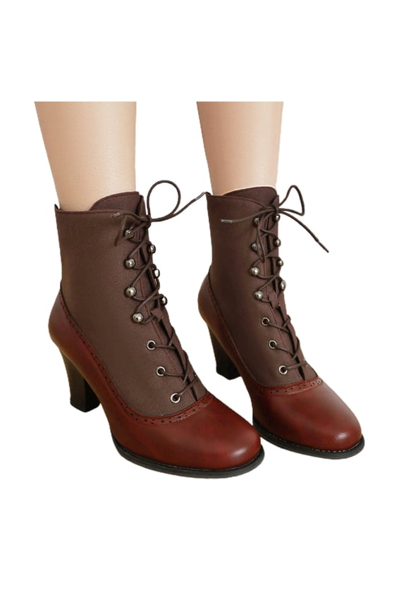 Victorian Boots for Women Granny Boots Ankle Boots 70s Lace Up Booties Low Heel with Zipper Ladies Retro Leather Boot