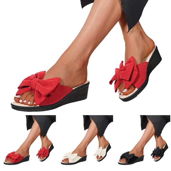 Modisza Wedge Sandals for Women Cute Bow Dress Slip on Slides Ladies Casual Low Heel Walking Shoes with Arch Support Black 6