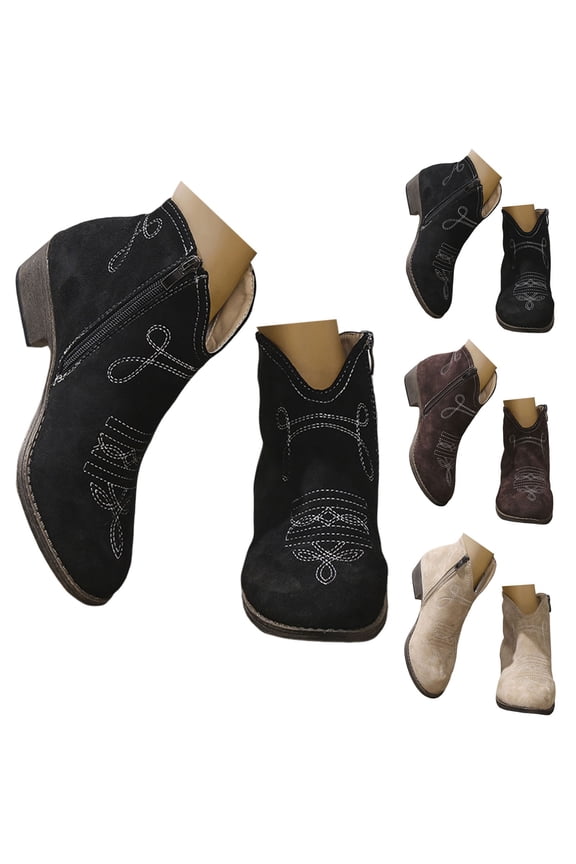 Western Cowboy Boots for Women Cowgirl Short Ankle Booties Pull on Low Block Heel Winter Dress Riding Shoes Black 6.5