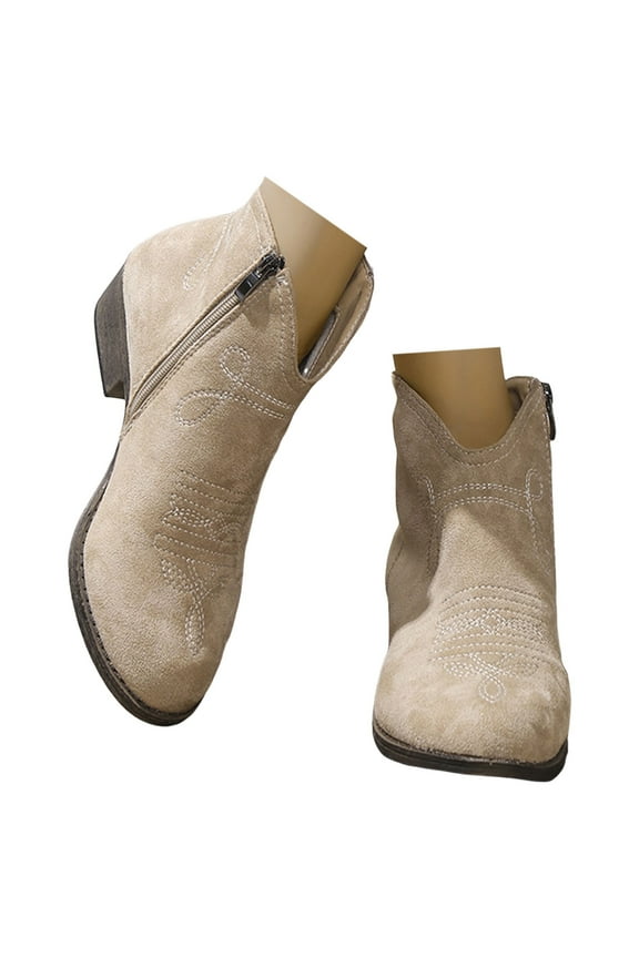 Western Cowboy Boots for Women Cowgirl Short Ankle Booties Pull on Low Block Heel Winter Dress Riding Shoes Khaki 6