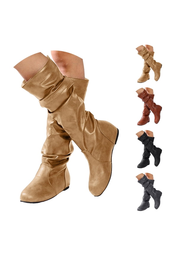 Wide Calf Slouch Boots Womens Low Hidden Wedge Knee High Boot Pull on Fall Weather Winter Riding Shoes Black 6