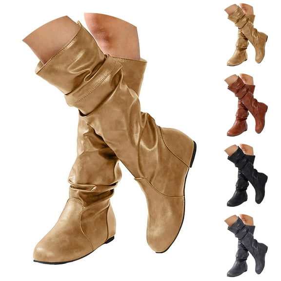 Modisza Wide Calf Slouch Boots Womens Low Hidden Wedge Knee High Boot Pull on Fall Weather Winter Riding Shoes Black 8.5