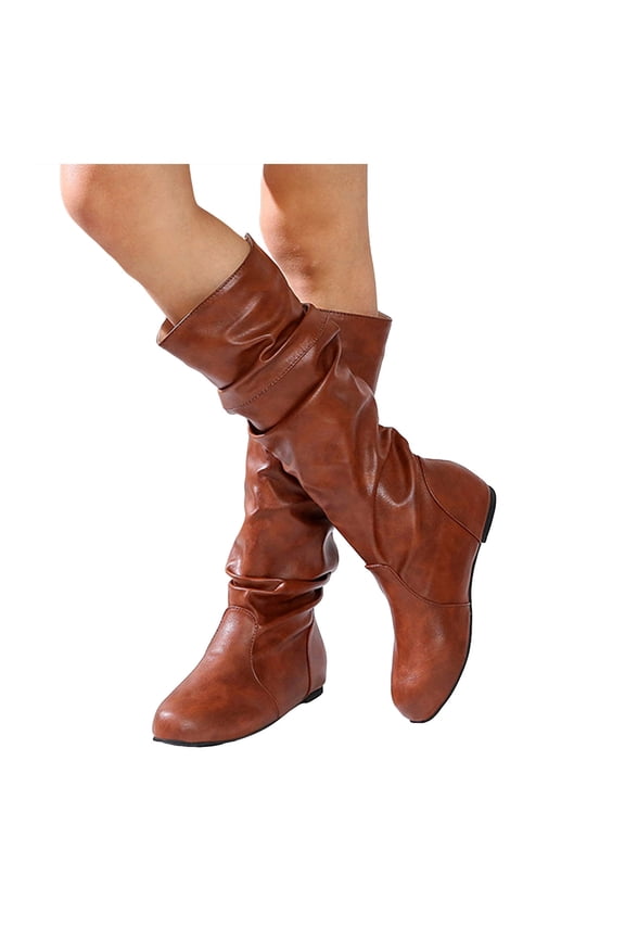 Wide Calf Slouch Boots Womens Low Hidden Wedge Knee High Boot Pull on Fall Weather Winter Riding Shoes Brown 6