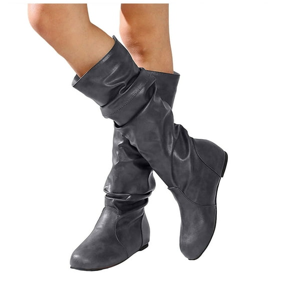 Modisza Wide Calf Slouch Boots Womens Low Hidden Wedge Knee High Boot Pull on Fall Weather Winter Riding Shoes Grey 9.5