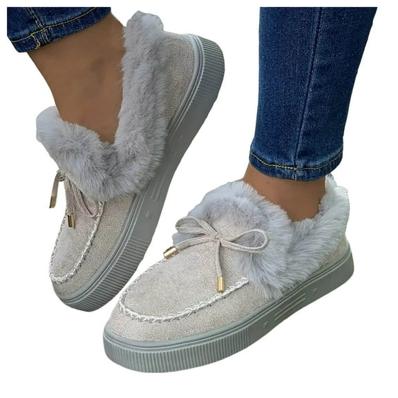Modisza Winter Boots for Women 2025 Snow Ankle Booties Fleece Lined Slip on Loafers Casual Platform Plush Outdoor Shoes Grey 8