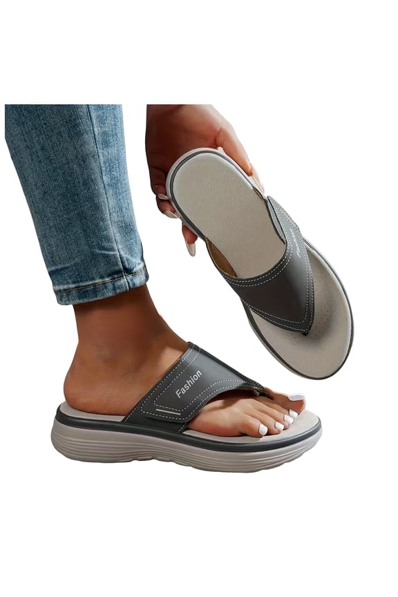 Women Arch Support Flip Flops Comfortable Memory Foam Walking Beach Sandals Casual Slip on Thong Slides Low Wedge Shoes Grey Size 9