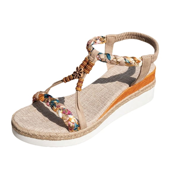 Modisza Women Beach Sandals Beaded Woven Strap Bohemia Shoes Casual Flower Low Wedges Platform Travel Walking Sandal Size 6.5 Pink
