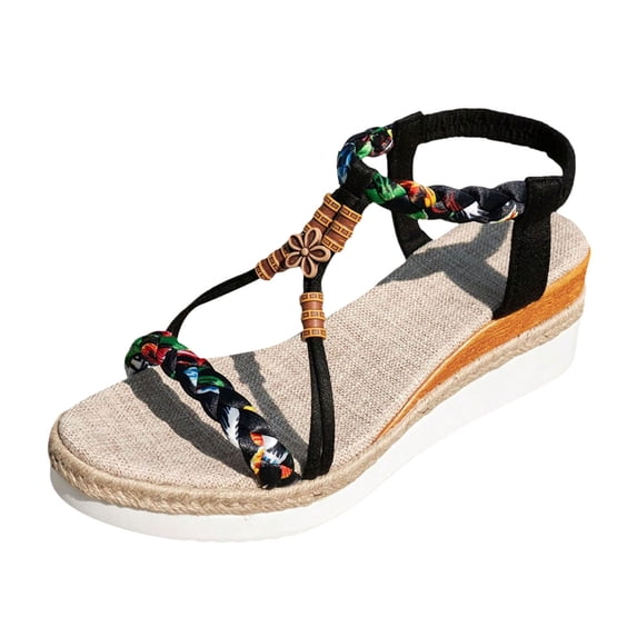 Modisza Women Beach Sandals Beaded Woven Strap Bohemia Shoes Casual Flower Low Wedges Platform Travel Walking Sandal Size 6 Black