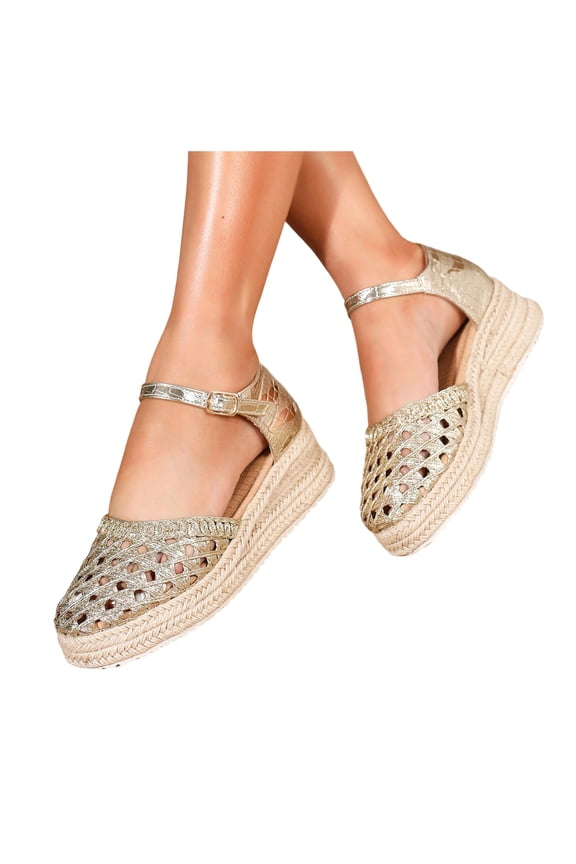 Women Closed Toe Espadrilles Wedge Sandals Hollow Out Arch Support Walking Shoes Low Wedges Summer Dress Sandal Size 9 Gold