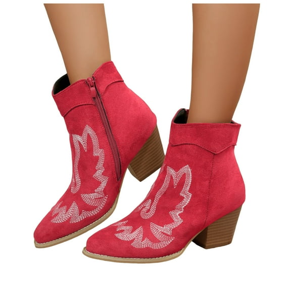 Modisza Women Cowboy Western Ankle Boots Low Stacked Heel Cowgirl Booties Casual Dress Slip on Winter Shoes