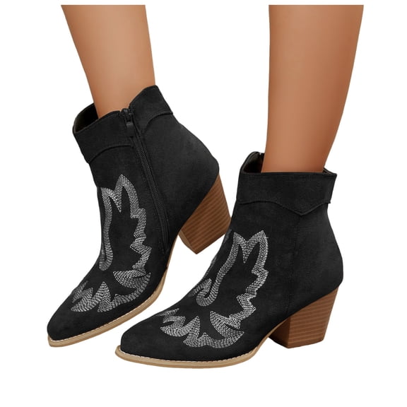 Modisza Women Cowboy Western Ankle Boots Low Stacked Heel Cowgirl Booties Casual Dress Slip on Winter Shoes