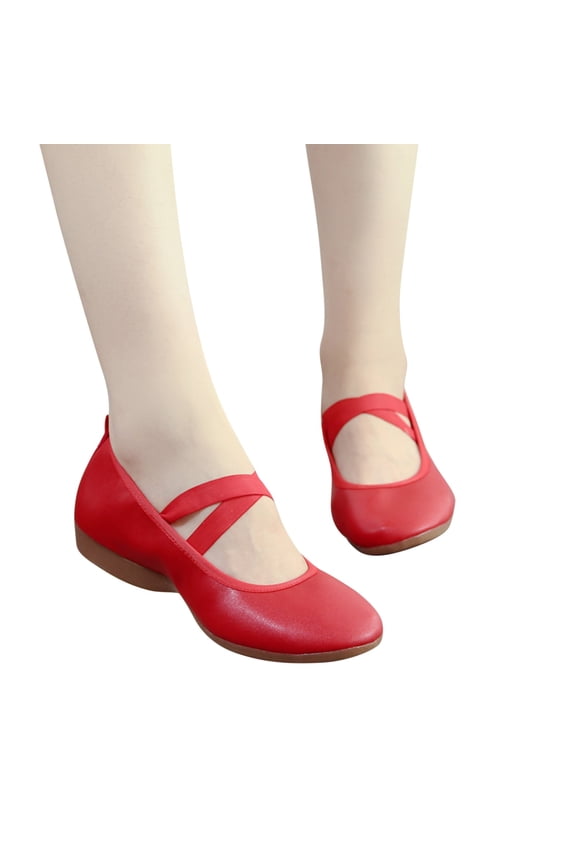 Women Dance Shoes Low Heel Elastic Crossstrap Flat Walking Sandals Ladies Summer Outdoor Leather Dressy Mary Jane Shoe Red Size 8.5