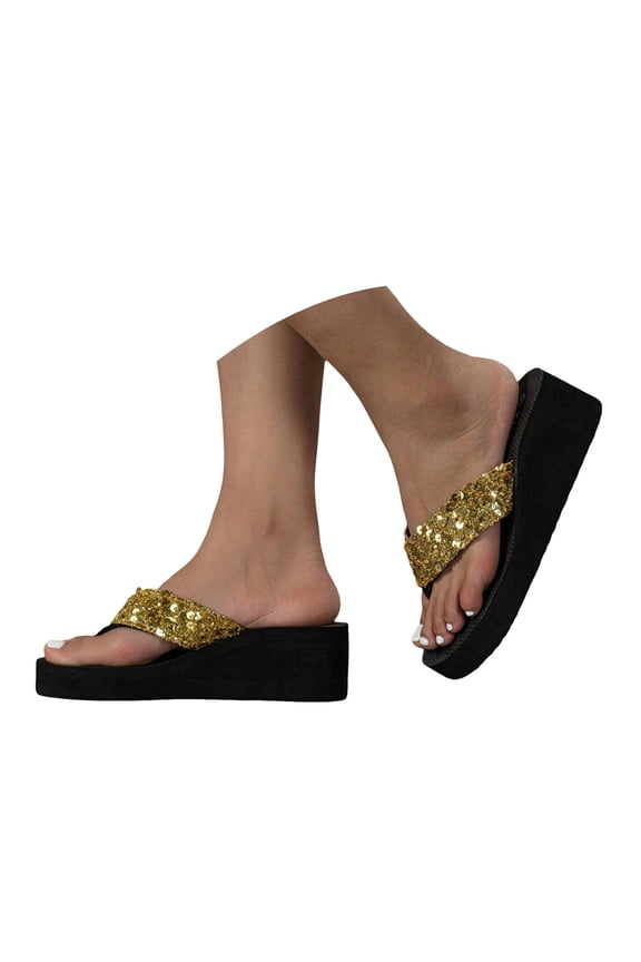 Women Glitter Platform Flip Flops with Arch Support Open Toe Wide Width Beach Slippers Sparkly Ladies Slip on Slides Gold 8