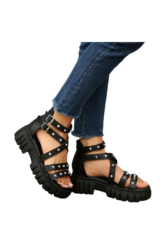 Women Gothic Punk Platform Sandals Ankle Strap Cutout High Flatform Shoes Ladies Non Slip Rivets Party Shoe Black Size 9