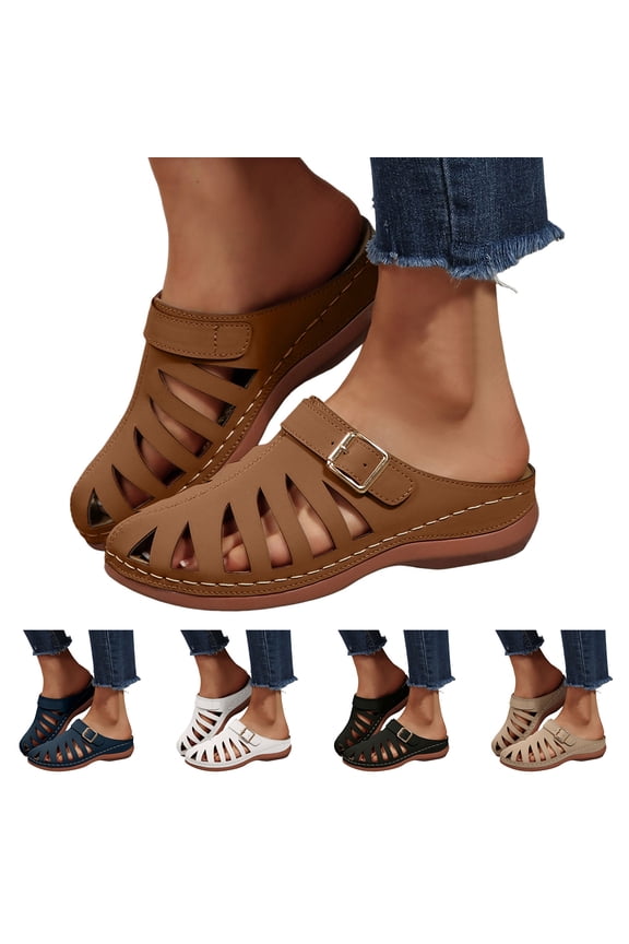 Women Mules Shoes Comfortable Closed Toe Flat Fisherman Sandals Hollow Out Summer Slip on Walking Wedge Slides Black 6.5