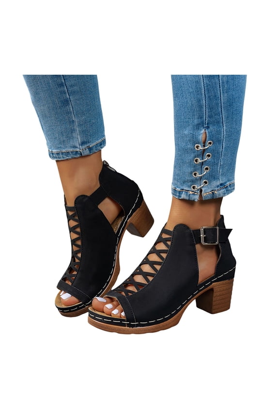 Women Open Toe Crooss Straps Sandals Back Zipper Chunky Heel Ankle Bootie Slide Shoes with Adjustable Ankle Strap Black 9.5
