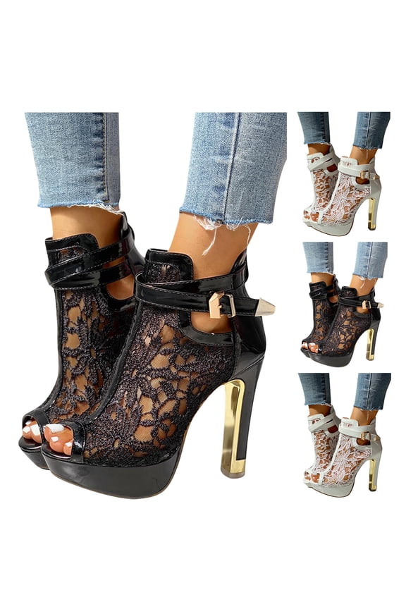 Women Open Toes Lace Ankle Boots Back Zipper Wedding Stiletto Ladies High Heels Summer Outdoor Walkiing Shoes Black 9