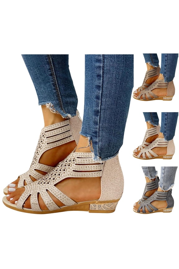 Women Rhinestone Sandals Low Heels Hollowed Out Wedge Sandal Open Toe Casual Back Zipper Slide Shoes for Ladies Travel Beige 9
