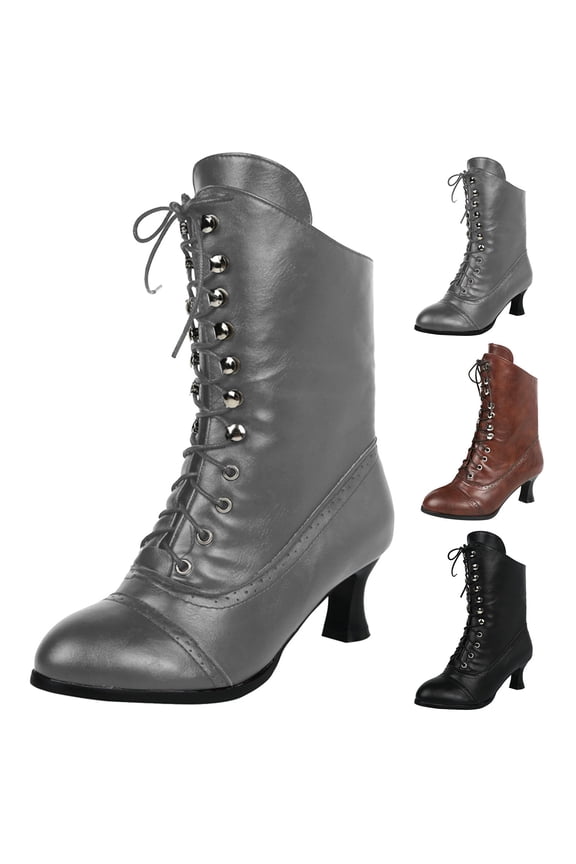 Women Vintage Victorian Boots Bridal Brides Wedding Mid Calf Booties Block Heel Wingtip Witch Shoes Oxford Black 8