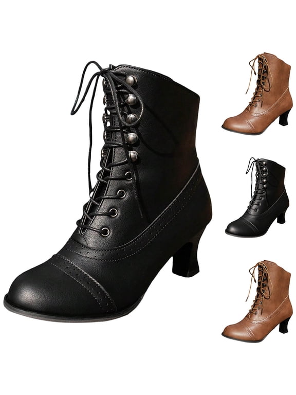 Women Vintage Victorian Boots Lace up Granny Ankle Booties Block Heel Mid Calf Boot Dressy Fall Winter Shoes Black 6.5