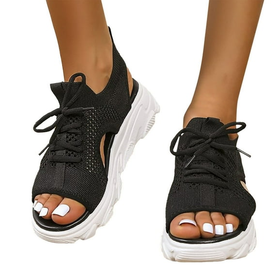 Modisza Women Walking Sandals Arch Support Open Toe Tennis Shoes Breathable Mesh Lace Up Sneaker Summer Beach Athletic Slides Black 6.5