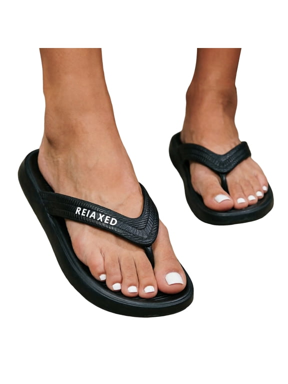 Women and Men Casual Flip Flops Orthopedic Flat Sandals Slip on Beach Walking Slide Shoes Wide Width Indoor Slippers Size 9 Black