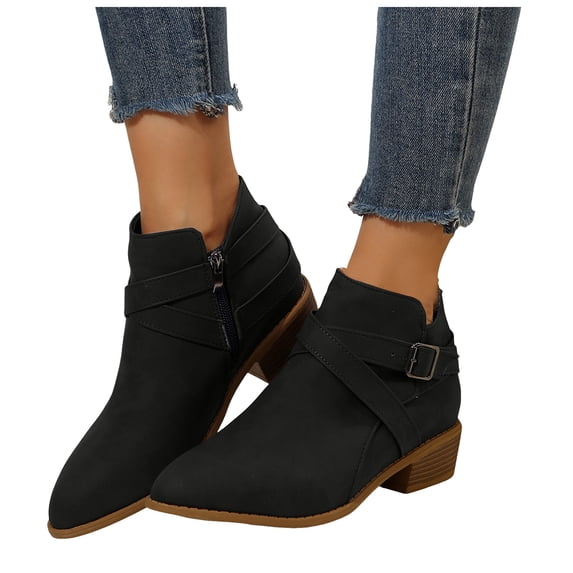 Modisza Women's Ankle Boots Chunky Low Heeled Short Booties Buckle Side Zipper Suede Dress Western Fall Work Shoes Black 8