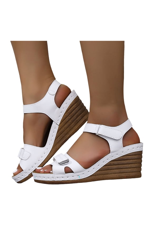 Women's Arch Support Wedge Sandals Open Toe Slip on Summer Dressy Shoes Ankle Strap Walking Slides with Hook and Loops White 9