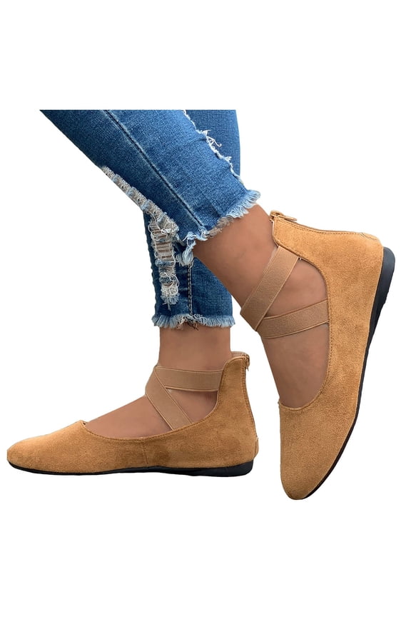 Women's Ballet Flat Shoes with Ankle Straps Low Wedge Heel Closed Top Sandals Back Zipper Walking Dress Slides Brown 8.5