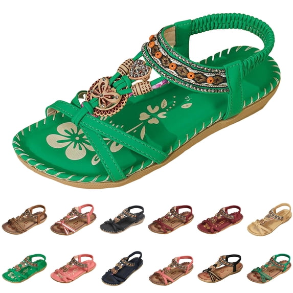 Modisza Women's Bohemia Flat Sandals Bow Beaded Strap Wedge Sandal Summer Beach Slip on Dress Walking Shoes with Flower Print size 6 Black