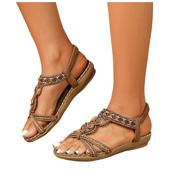 Modisza Women's Bohemia Flat Sandals Bow Beaded Strap Wedge Sandal Summer Beach Slip on Dress Walking Shoes with Flower Print size 9.5 Brown
