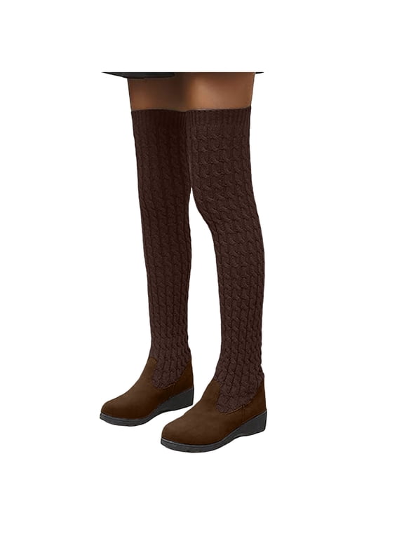 Women's Cables Knit Over Knee Boots Stockings Wedge Low Heel Pull on Sock Boot Fall Winter Dressy Sock Boot 6.5